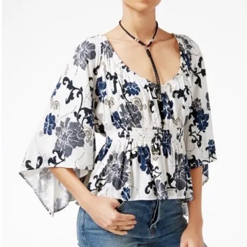 Free People Glenside Blue and White Floral Blouse
